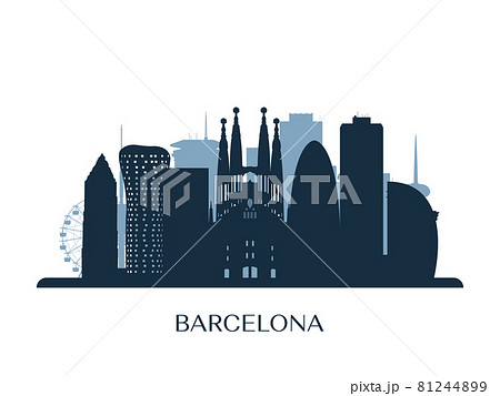 Barcelona skyline, monochrome silhouette. Barcelona skyline, monochrome silhouette. 81244899