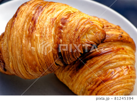 Close-up with fresh golden croissants on a plate 81245394