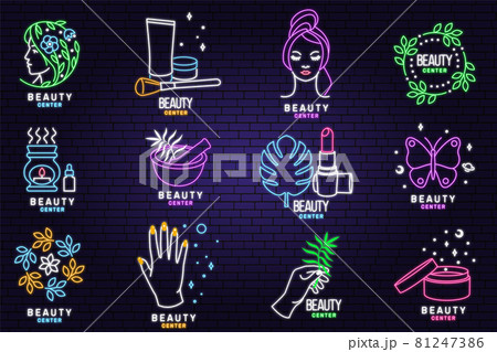 Neon sign. Set of Beauty center emblem with woman face, ceramic candle aroma oil lamp, mortar and pestle, lipstick. Beauty center label, badge, sign for cosmetics, jewellery, beauty. Vector Neon sign. Set of Beauty center emblem with woman face, ceramic candle aroma oil lamp, mortar and pestle, lipstick. Beauty center label, badge, sign for cosmetics, jewellery, beauty. Vector 81247386