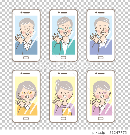 Elderly men and women talking on smartphone videophone Elderly men and women talking on smartphone videophone 81247773