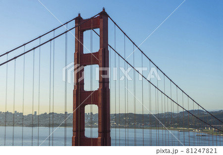 Panoramic view of famous Golden Gate Bridge seen from Battery Spencer viewpoint during sunrise in San Francisco, California, USA. 81247821