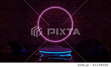 Blank product stand with neon lights on brick wall background. 3d rendering 81248608
