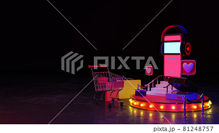 Smartphone application for online buying, downloading and listening to music. Unusual 3D illustration of music player app on a smartphone screen. 81248757