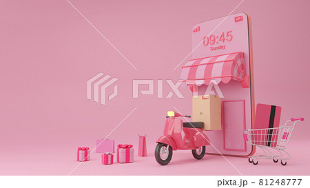 E-commerce concept, Shopping online and delivery service on mobile application, Transportation or food delivery by scooter, 3d rendering. E-commerce concept, Shopping online and delivery service on mobile application, Transportation or food delivery by scooter, 3d rendering. 81248777