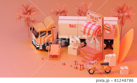 E-commerce concept on Summer, Shopping online and delivery service on mobile application, Transportation or food delivery by scooter, 3d rendering. 81248786