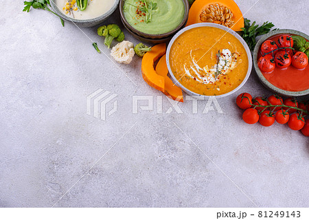 Assortment of vegetable autumn cream soups. 81249143