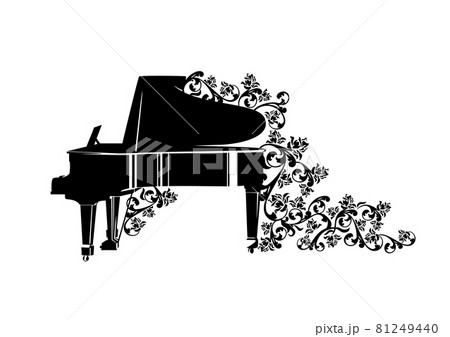 grand piano and rose flowers black and white vector outline 81249440