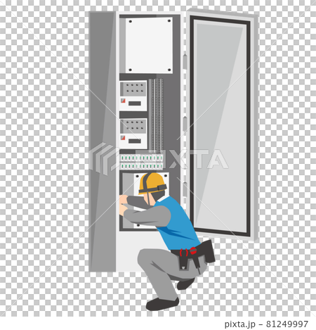 Workers crouching down to work on the control panel Workers crouching down to work on the control panel 81249997
