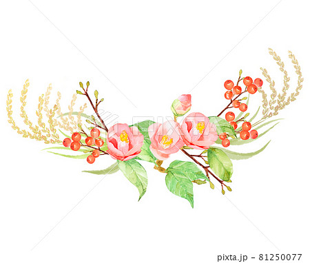 椿と南天の正月飾り水彩イラスト 他バリエーションありますのイラスト素材