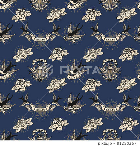 Seamless pattern with swallows and roses and anchors in old school tattoo style. For poster, card, banner, flyer. Vector illustration Seamless pattern with swallows and roses and anchors in old school tattoo style. For poster, card, banner, flyer. Vector illustration 81250267