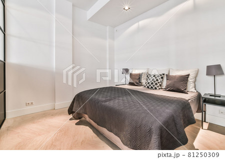 Interior of a cozy and bright bedroom with beautiful decoration 81250309