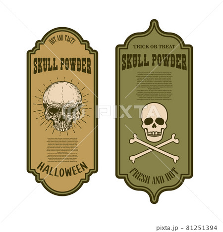Halloween poison label. Skull powder. Design element for poster, card, banner, sign. Vector illustration Halloween poison label. Skull powder. Design element for poster, card, banner, sign. Vector illustration 81251394