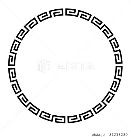 Meander circle with simple meander pattern. Circle frame and decorative border, made of angular spirals, shaped into a seamless motif, also known as Greek key. Black and white illustration over white. Meander circle with simple meander pattern. Circle frame and decorative border, made of angular spirals, shaped into a seamless motif, also known as Greek key. Black and white illustration over white. 81253280