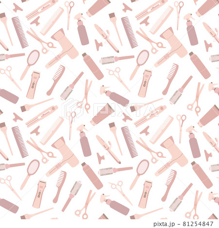 Seamless pattern with hairdressing tools, hair dryer, scissors, combs. Accessories for hairdressers in beige pastel color. Flat vector illustration for textiles and design 81254847