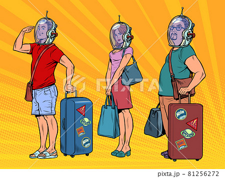 People travelers astronauts are standing on the landing to the spacecraft. Tourist luggage 81256272