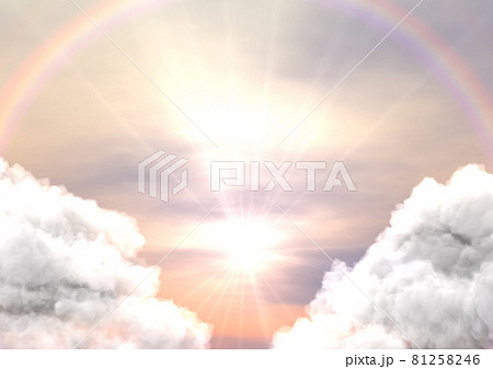 太陽 雲 空 朝陽 夕日 日の出 ハロ 虹のリング 反射 背景 壁紙のイラスト素材