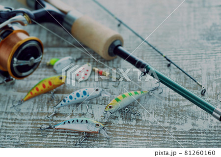 渓流釣りの道具とリールとルアーの写真素材