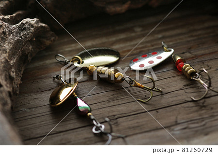 渓流釣りの道具とリールとルアーの写真素材