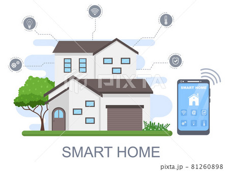 Smart Home Technology House Control System Of Lighting, Heating, Ventilation and Security with a Modern Concept. Background Vector Illustration Smart Home Technology House Control System Of Lighting, Heating, Ventilation and Security with a Modern Concept. Background Vector Illustration 81260898