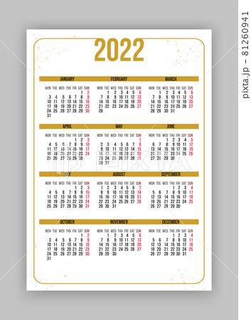 Calendar template for 2022 in a gold frame, vector vertical A4 format isolated on white background, 12 months. Week starts on Sunday. Simple design. 81260941