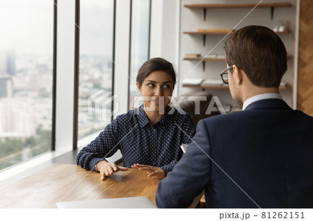 Young attractive Indian ethnicity female applicant pass job interview Young attractive Indian ethnicity female applicant pass job interview 81262151
