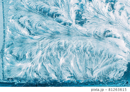 Blue Frosty Glass Ice Background, Natural Beautiful Snowflakes Frost Ice Pattern. Winter Xmas Christmas Abstract Backdrop, Background Or Texture 81263615