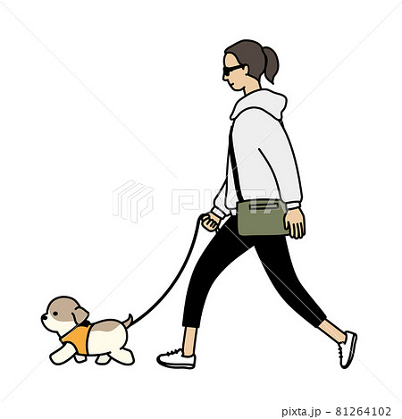犬の散歩 子犬とサングラスを掛けた女性のイラスト素材