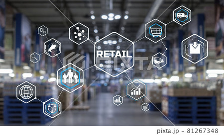 Retail Marketing Channels E-commerce. Shopping automation on blurred supermarket background 2021 81267348