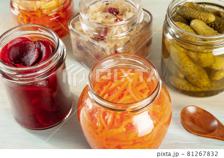 Fermented food. Canned vegetables. Pickled carrot, sauerkraut etc Fermented food. Canned vegetables. Pickled carrot, sauerkraut etc 81267832