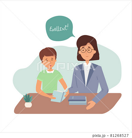 Boy student is reading at home. learning lesson with help of teacher, mom. Child is doing homework. tutor helps with solving tasks. Home school, online education, knowledge concept. Vector flat. 81268527
