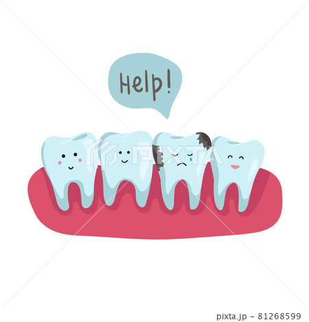 Row of health teeth in the oral cavity, one of which is sick. one bad tooth with caries. healthcare concept, place for text, flat vector illustration 81268599