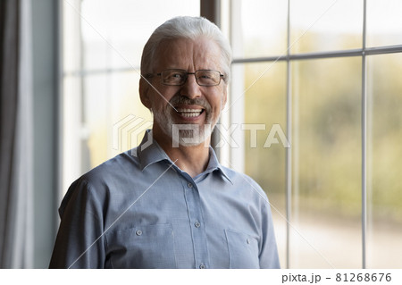 Headshot portrait of smiling old man pose indoors 81268676