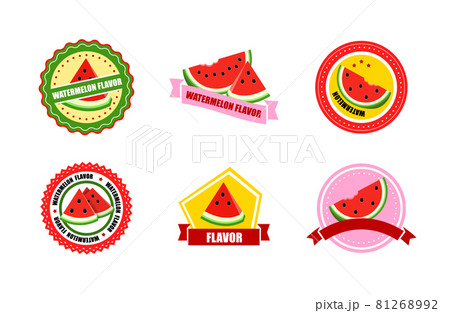 Set of round bright labels with slice watermelon. red water melon in circle 81268992