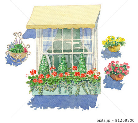 水彩 おしゃれな窓辺と花のイラスト素材
