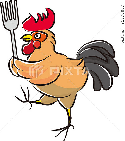 フォークを持って歩く鶏のイラストのイラスト素材