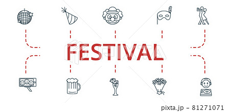 Festival icon set. Contains editable icons theme such as clown, group selfie, bouquet of flowers and more. 81271071