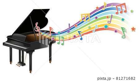 Piano with melody symbols on rainbow wave Piano with melody symbols on rainbow wave 81271682