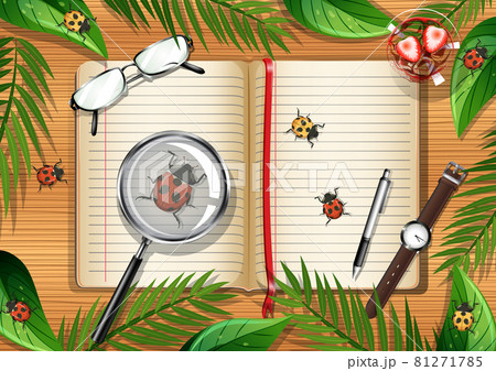 Top view of wooden table with office objects and leaves and insects element 81271785