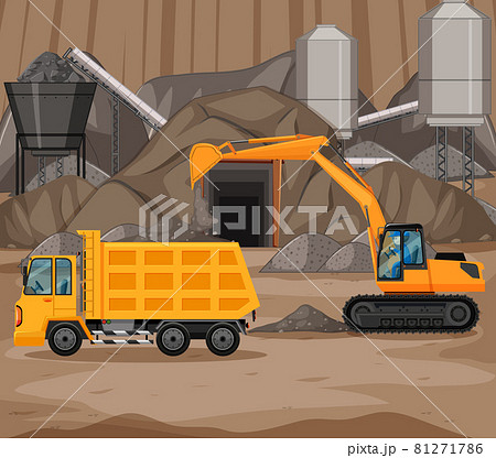 Landscape of coal mining scene with crane and trucks 81271786
