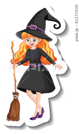 Beautiful witch holding broomstick cartoon character sticker 81272030