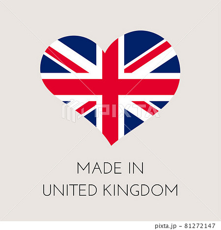 United Kingdom of Great Britain heart shaped label with british flag. Made in UK sticker. Factory, manufacturing and production country concept. Vector stock illustration United Kingdom of Great Britain heart shaped label with british flag. Made in UK sticker. Factory, manufacturing and production country concept. Vector stock illustration 81272147