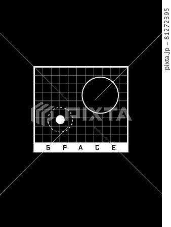 Space t-shirt and apparel design. Grid with space objects, Black Hole and planet with orbit, and title SPACE. Black and white print. Vector 81272395