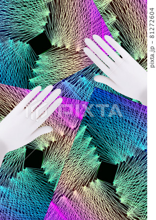 Contemporary collage. Abstraction. Hands on the background of a geometric pattern in the form of a network. 81272604