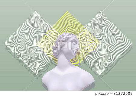 Contemporary collage. Sculpture of a woman on an olive background with a geometric pattern. 81272605