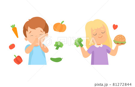 Little Girl Holding Hamburger and Boy Covering His Mouth with Dislike and Disgust Towards Vegetable Vector Set 81272844
