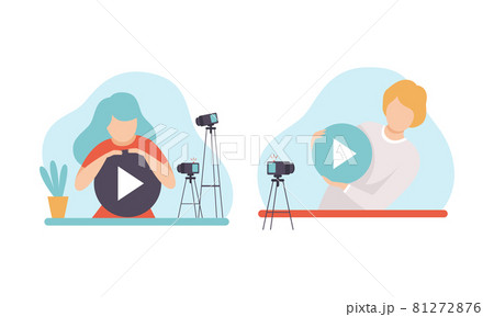 Man and Woman Blogger or Vlogger Making Video Content for Web Channel Vector Set Man and Woman Blogger or Vlogger Making Video Content for Web Channel Vector Set 81272876
