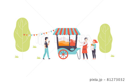 Park Kiosk with Striped Awning and Man Selling Food and Snack Vector Illustration 81273032