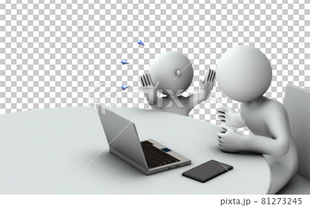 テレワークする人物。大騒ぎする子供。白バック。3Dレンダリング。 81273245