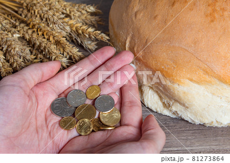 Women's hands hold Kazakhstan tenge coins over a table with wheat ears and bread. Bread products in Kazakhstan and Kazakhstan wheat. Women's hands hold Kazakhstan tenge coins over a table with wheat ears and bread. Bread products in Kazakhstan and Kazakhstan wheat. 81273864
