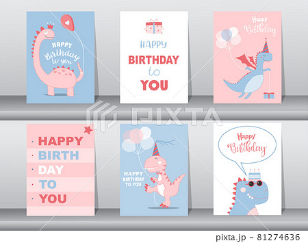 Set of cute birthday cards,poster,template,greeting cards,animals,dinosaurs,Vector illustrations. Set of cute birthday cards,poster,template,greeting cards,animals,dinosaurs,Vector illustrations. 81274636